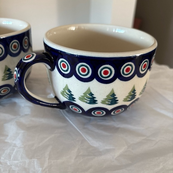 NEW TWO Polish Pottery Mugs 8oz Peacock Xmas Tree Boleslawiec Ceramic Folk Art - Picture 3 of 10